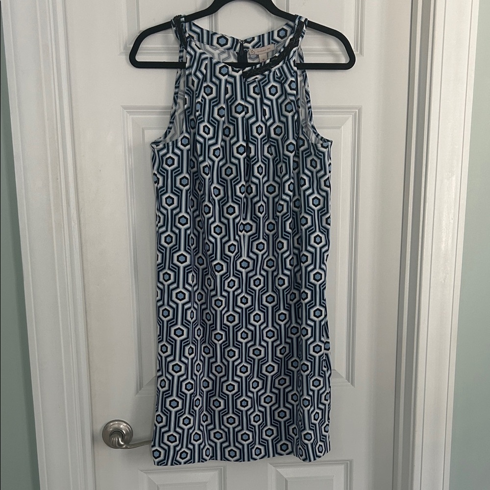 Light Blue, Black and White Geometric Mini Dress with beaded accents